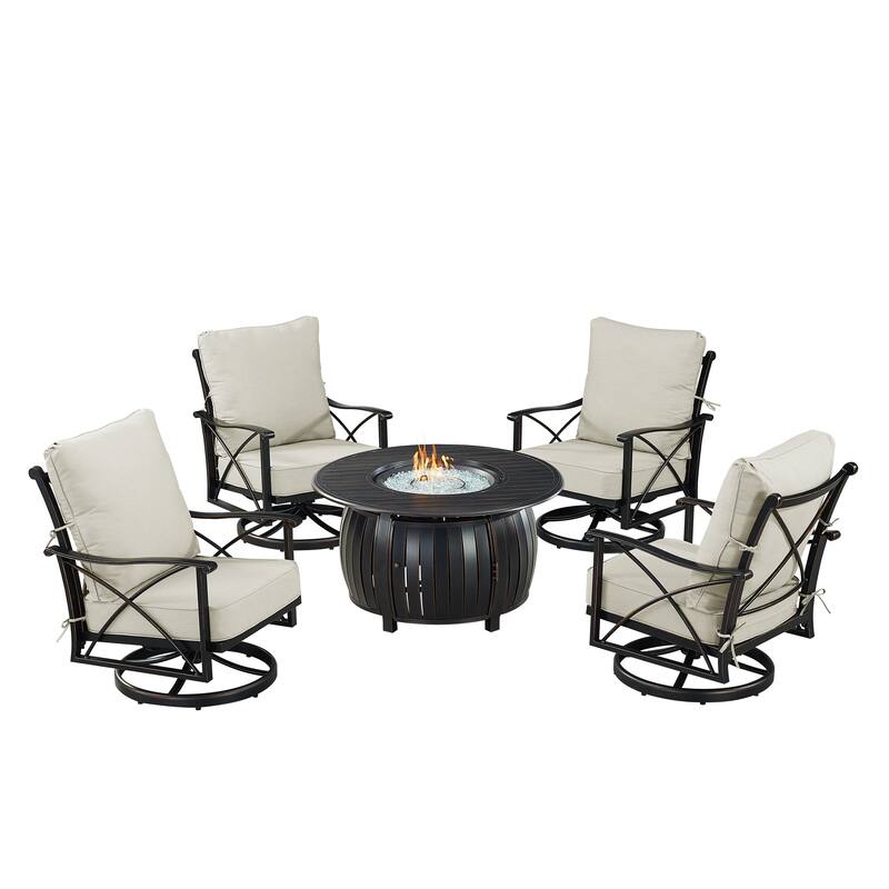 Black Aluminum Fire Table Set with Four Club Chairs