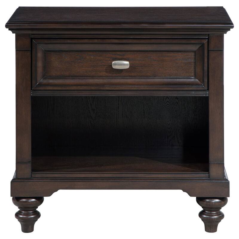 Meon Nightstand w Drawer and Open Cubby Shelf, Dark Oak Brown Wood