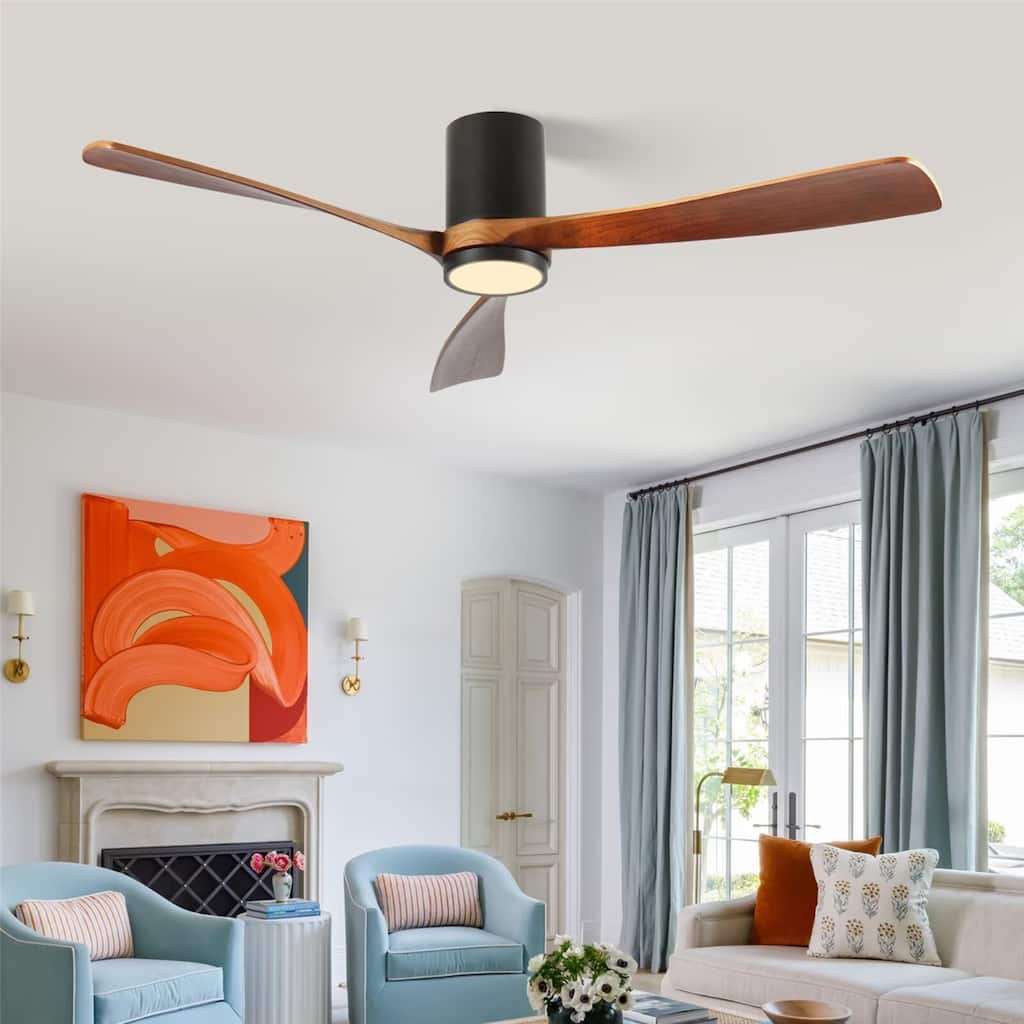 60" LED Flush Mount Ceiling Fan with Wood Blades, 6-Speed DC Remote Control