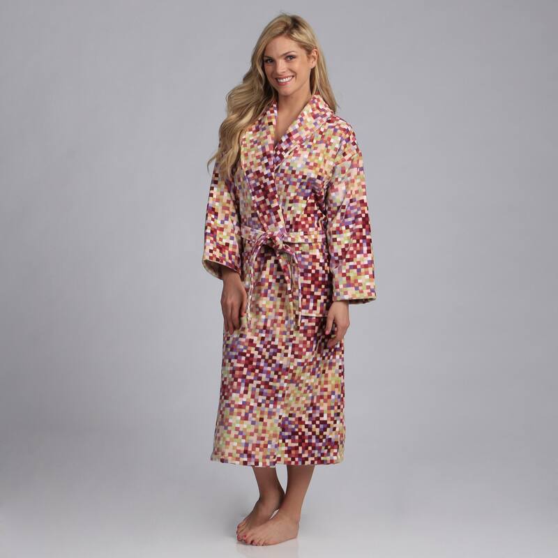 Classic Turkish Towels Multicolor Square Printed Hooded Velour with Terry Lining SPA Bath Robe