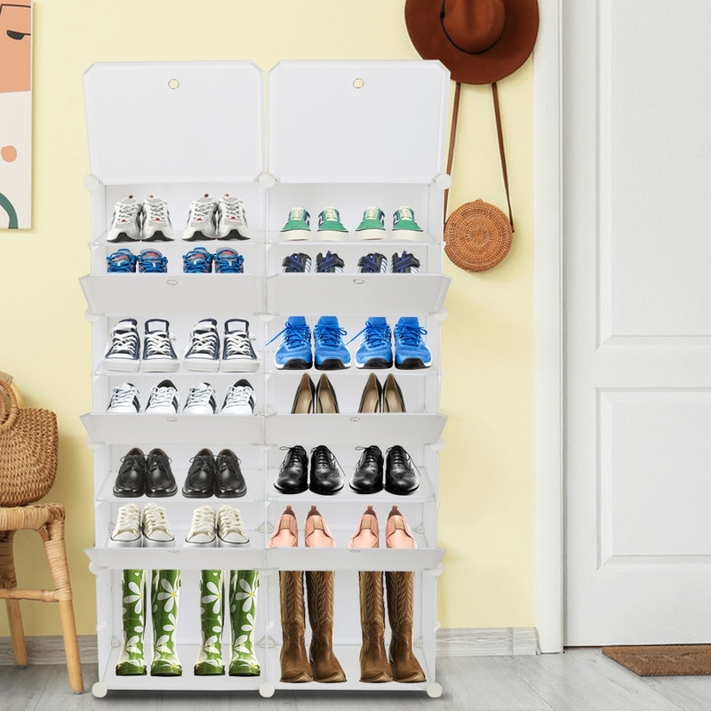 7-Tier Portable 28 Pair Shoe Rack Organizer 14 Grids Tower Shelf,White