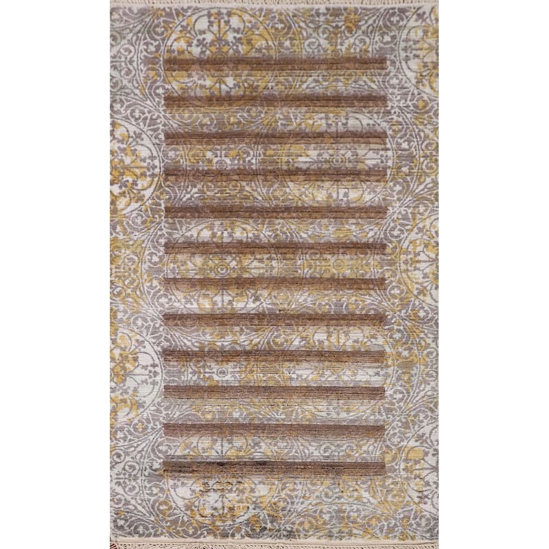 Striped Indo Abstract Oriental Accent Rug Handmade Wool Carpet - 2'8"x 4'10"