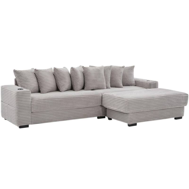 110.75" Corduroy Sectional Sofa, Convertible Sleeper Sofa Bed L-Shaped Upholstered Couch with Removable Footstool, Cup Holder