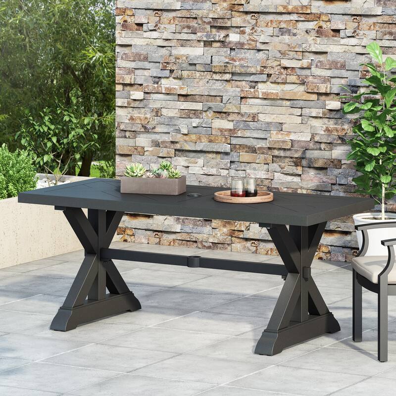 Roomfitters Outdoor Aluminum Dining Table with Woven Slat Design and Umbrella Hole, Antique Matte Black Finish - Black