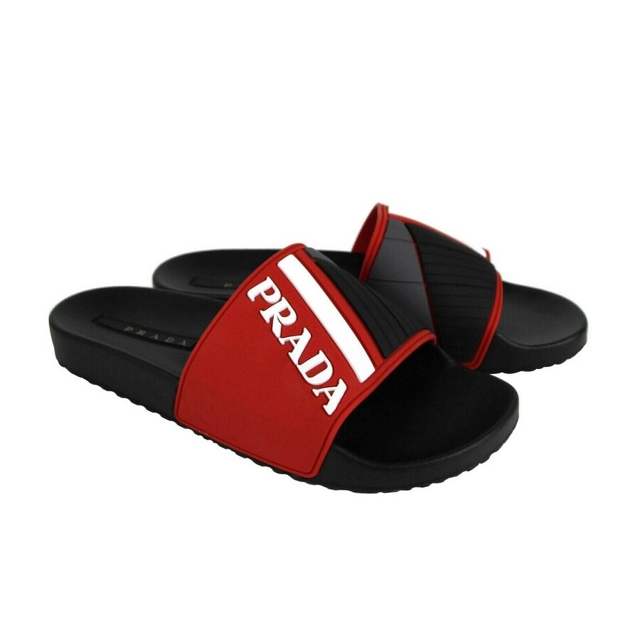 Shop Prada Men S Black Red White Rubber Slide Sandal With Logo 4x3204 9 Eu 10 Us 9 Eu 10 Us Overstock 30918475