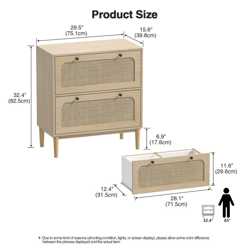 Anmytek Wood Rattan 2 Drawer Lateral File Cabinet with Adjustable Hanging Bar for Letter / A4 / Legal Size Files