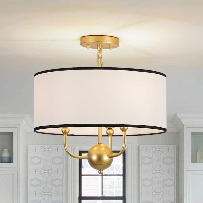 Classic 3-Light Black Edge Linen Drum Pendant - 15.7 in