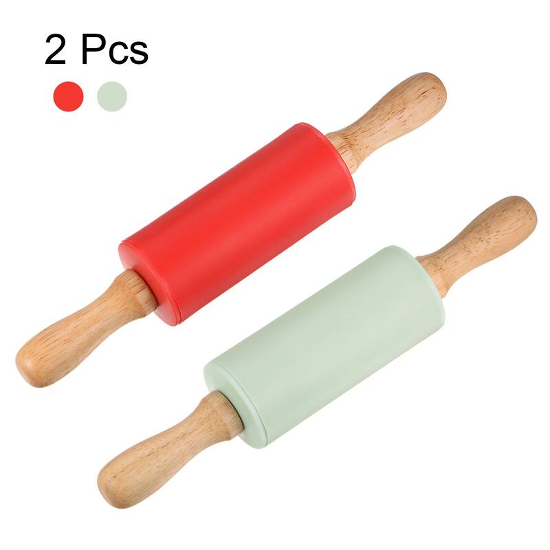 Silicone Rolling Pins for Baking Wood Handle 23.5cm x 4.2cm Light Green & Red - Light Green & Red