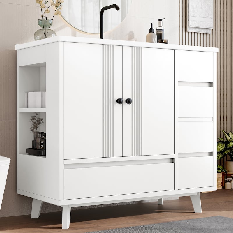 36" Bathroom Vanity with Sink, Free Standing Single Vanity Set with 4 Drawers and Side Storage Rack