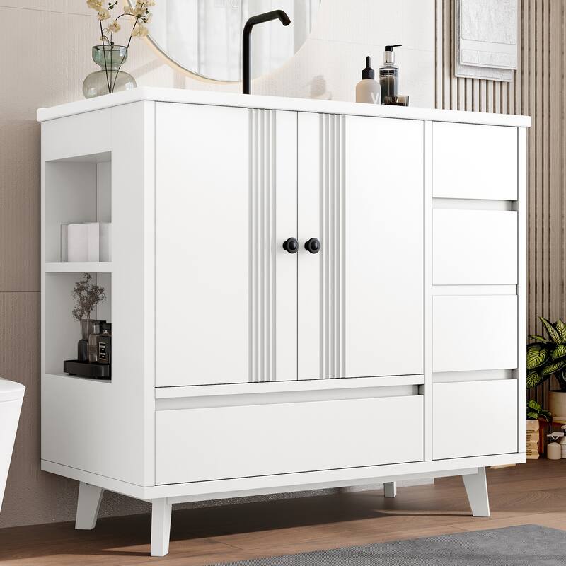 36" Freestanding Bathroom Vanity with Sink - Wood Cabinet with 4 Drawers & Side Storage Rack, Ceramic Basin - White
