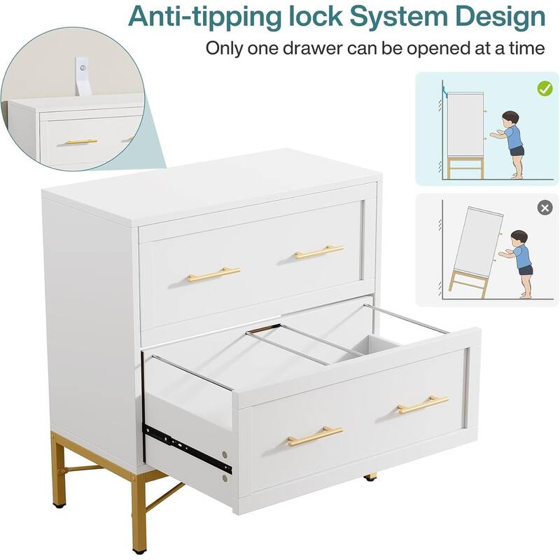 31.49-Inches Modern White & Gold 2-Drawer Lateral File Cabinet, Wood Filing Storage Cabinet
