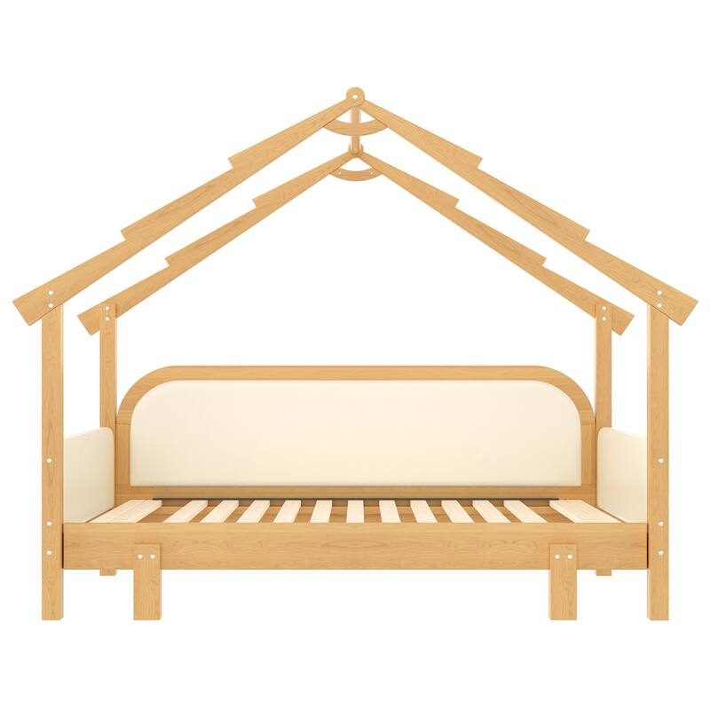 Children's Treehouse Bed Twin Size Solid Wood Kids Bed Frame Adjustable Platform Bed with Padded Safety Rails for Girls, Boys