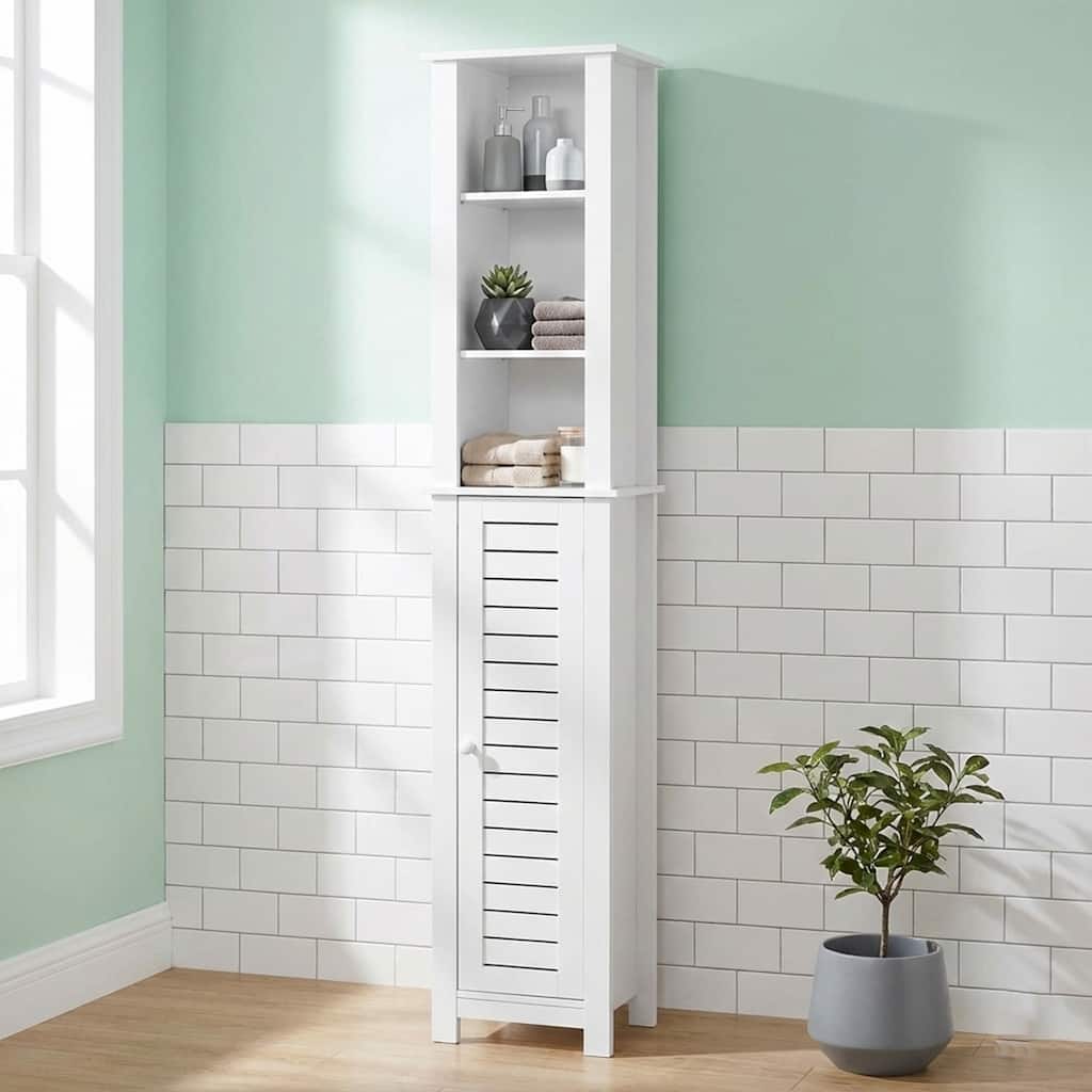 Santorin Tall White Bathroom Storage Cabinet Linen Tower - 13 7/8"L x 10.4"W x 68"H