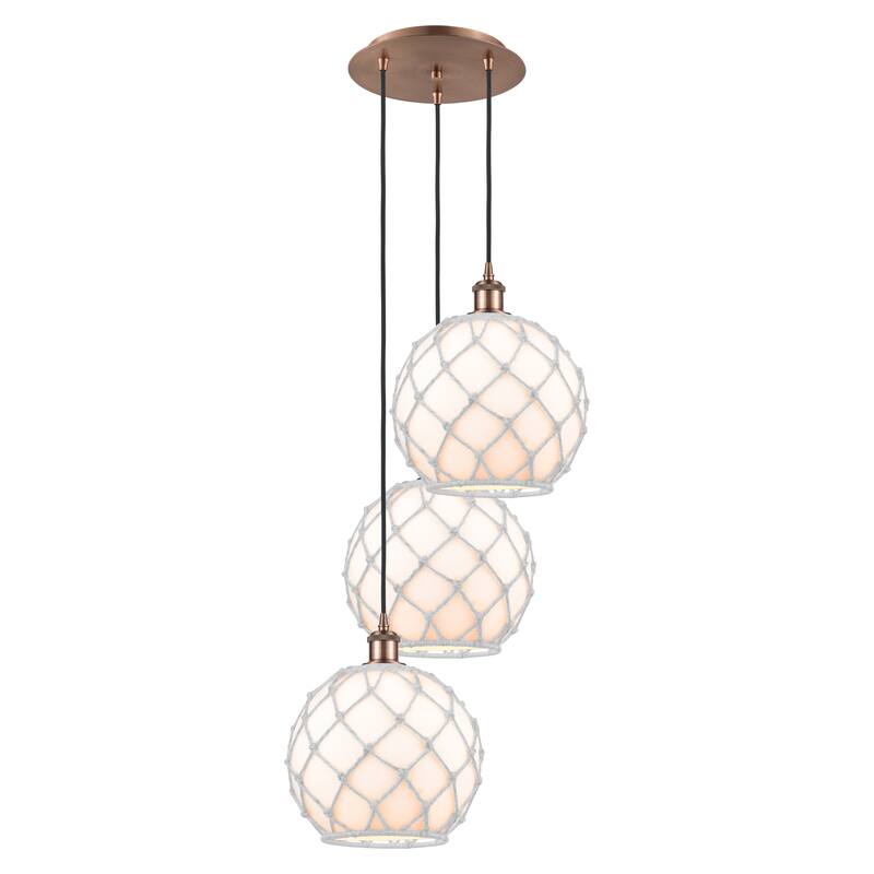 Innovations Lighting Endless Possibilities Ballston - Farmhouse Rope - 3 Light 17" Cord Hung Multi Pendant - White Glass with White Rope/Antique Copper