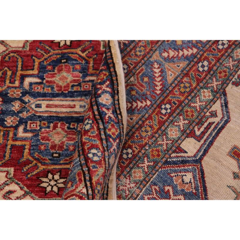 Southwestern Super Kazak Romeo Beige/Blue Hand Knotted Wool Rug - 5'5'' x 8'1''