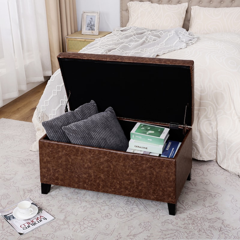 Adeco Rectangular Storage Ottoman Faux Leather Bench Lift-top Footrest