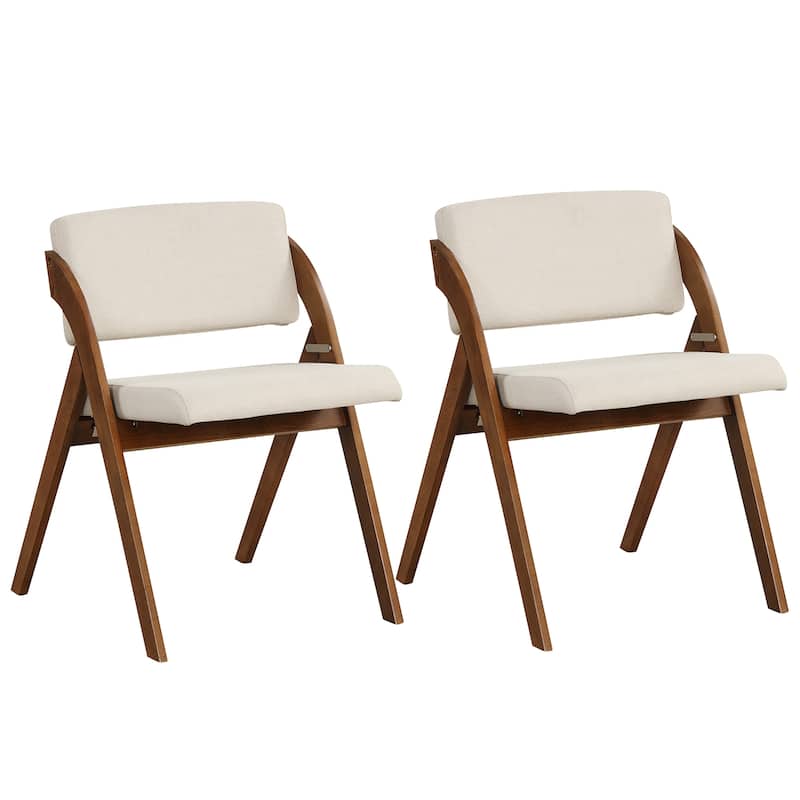 Gymax Set of 2 Dining Chairs Folding Kitchen Chair w/ Rubber Wood Legs - Walnut & Beige
