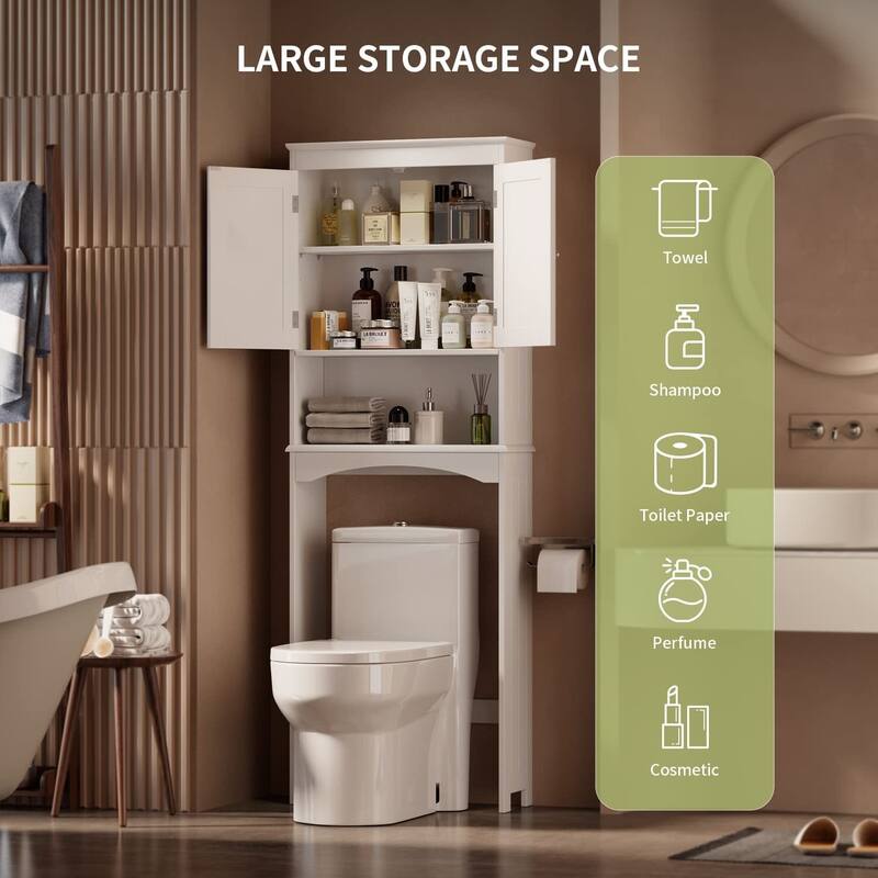Over The Toilet Storage Cabinet with Adjustable Shelf and Double Doors, Taller Wooden Free Standing Toilet Rack