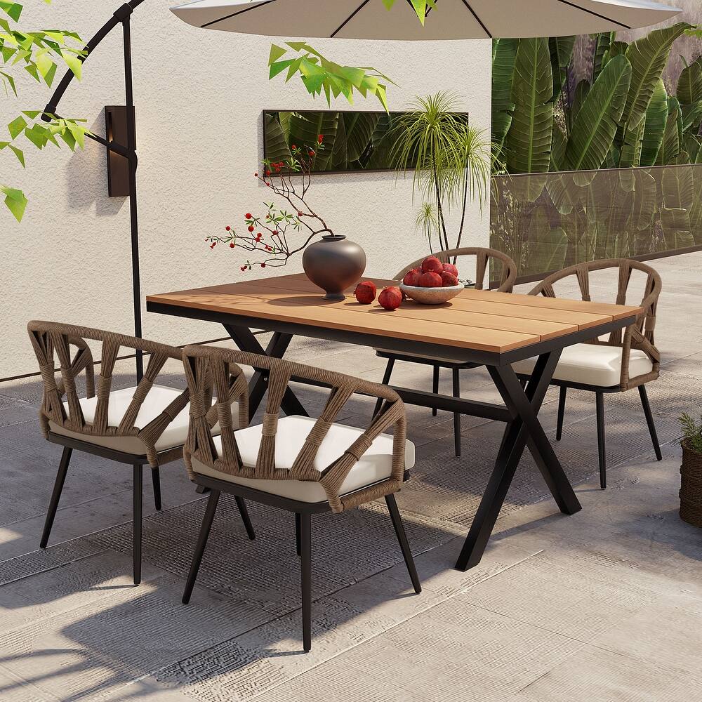 Contemporary Outdoor Set, 5 Piece Outdoor Dining Furniture Sets with PE Rattan Chairs and Plastic Wood Table for Patio