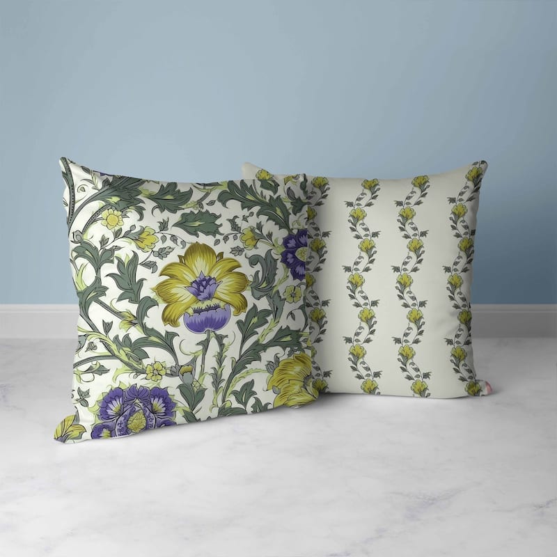 Mughal Era Garden Treasures Faux Suede Reversible Throw Pillow Mossgreen and Purple