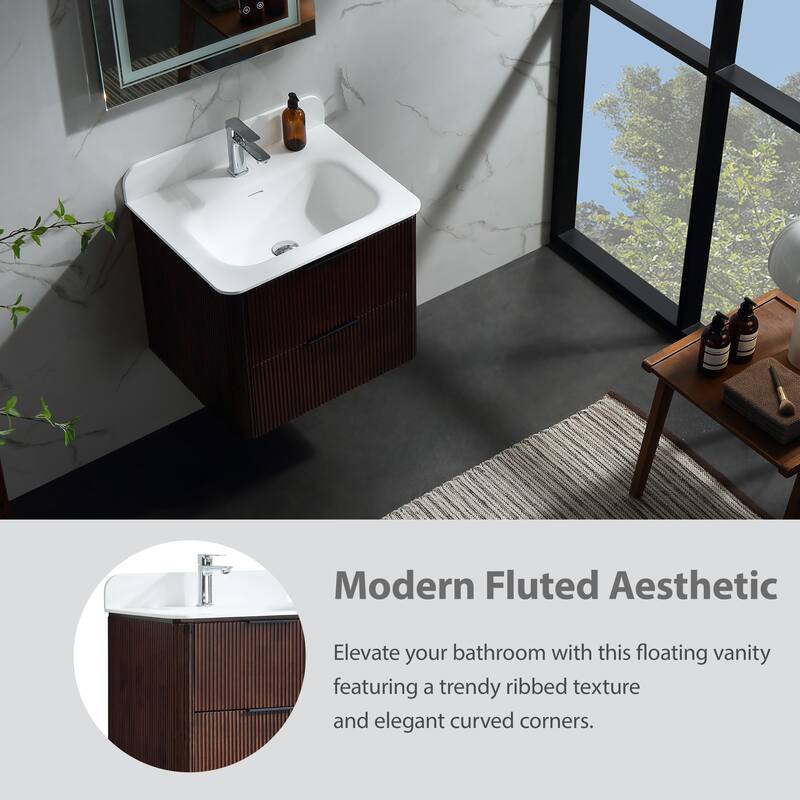 Modland Fluted Floating Vanity with Sink, Plywood Wall Mount Cabinet, Curved Edge, 24/30/36 Inch