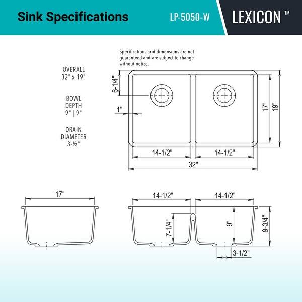 dimension image slide 0 of 5, Lexicon Platinum 32" Quartz 50/50 Double Bowl Sink with Grids & Drain