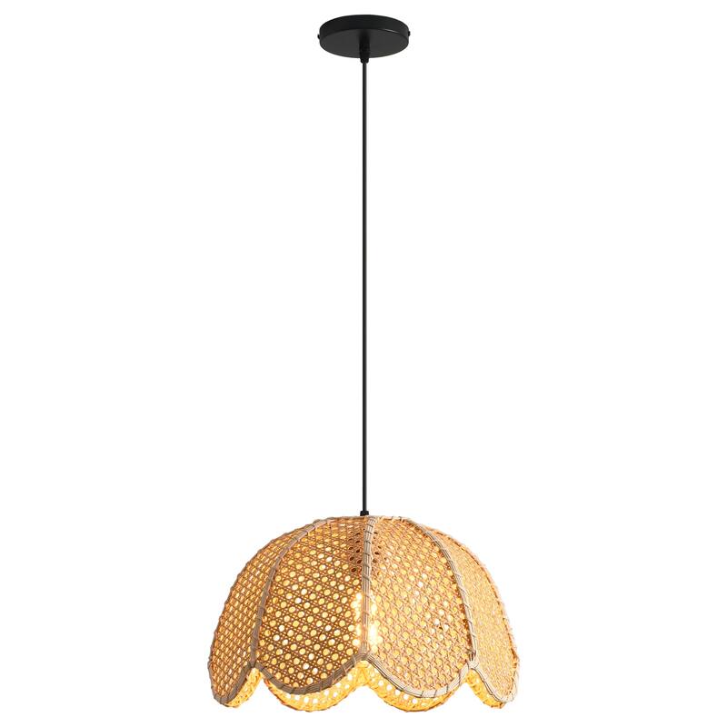 1-Light Farmhouse Flower Shaped Brown Hand-Woven Natural Rattan Hanging Pendant Light - 15.7" W x 55" H