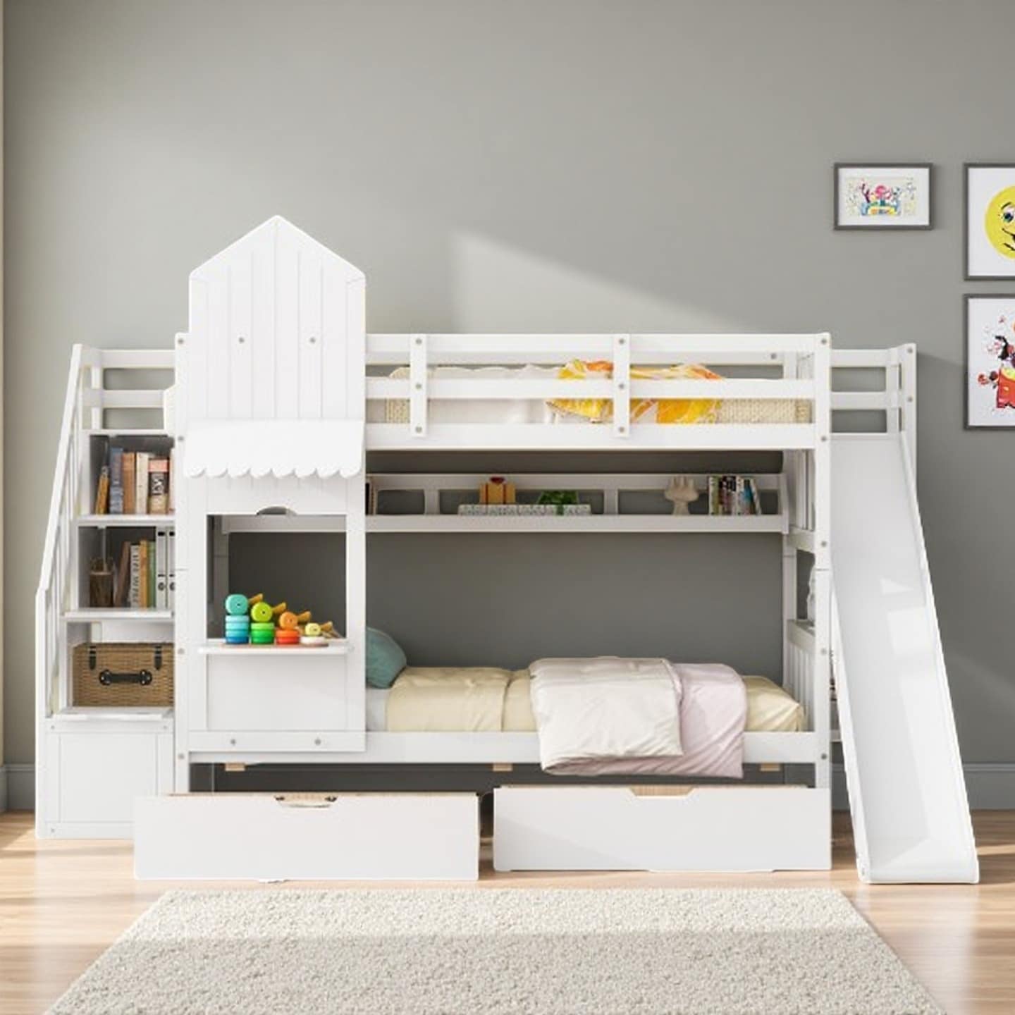 Full Size Playhouse Bunk Bed Frame with Slide, Dual Full Beds, Built-In Drawers and Display Shelves, Castle-Inspired Bunk Bed