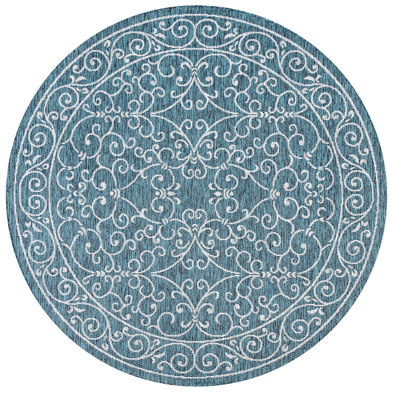 JONATHAN Y Filigree Textured Weave Indoor/Outdoor Area Rug - 5' Round - Teal/Gray