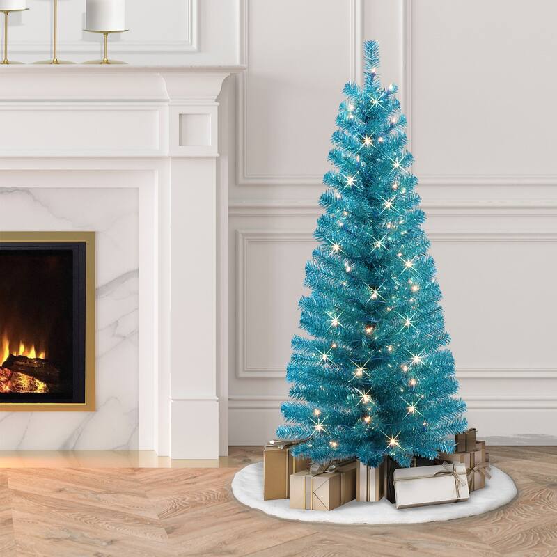 Puleo International 4.5 ft. Pre-Lit Teal Tinsel Artificial Tree - Blue