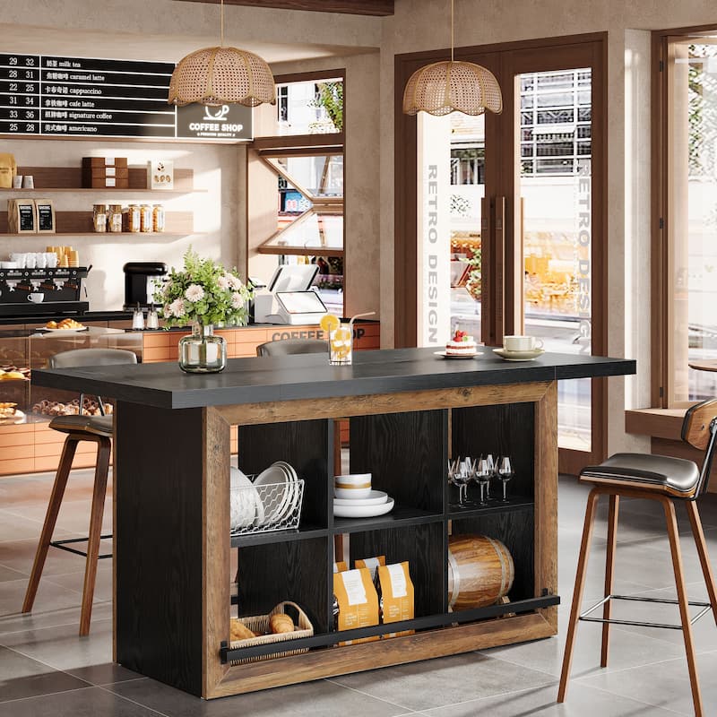 Counter Height Bar Table with Storage, Home Bar Cabinet Unit, Large Pub Table Kitchen Dining Room Accent Bar Console