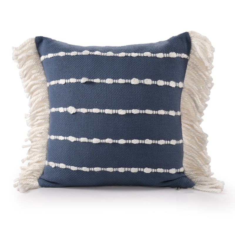 Striped Square Throw Pillow with Fringes - 20" - Navy and White