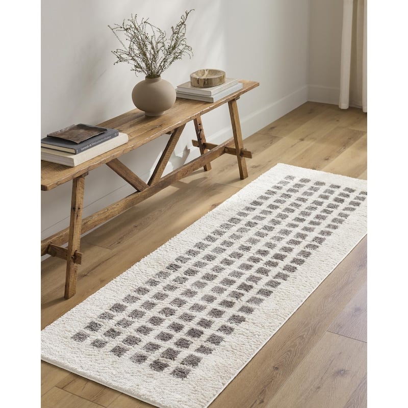Livabliss Scandinavian Fossay Shag Checkered Washable Area Rug - 6'7" x 9' - Light Beige/ Charcoal