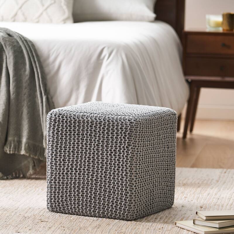 Square knitted Foot Stool, Modern Indoor Ottoman Cube Pouf ,Red & Grey