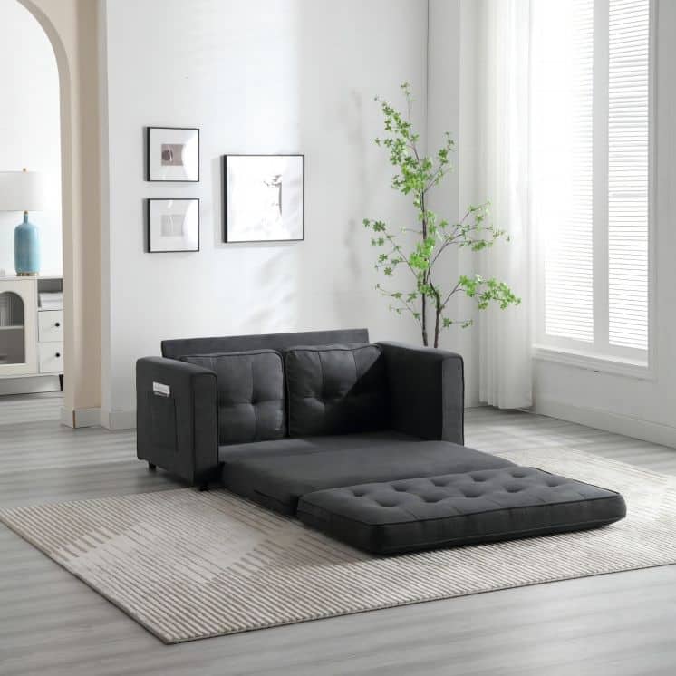 Velvet 55" Convertible 3-Fold Loveseat Sofa Bed: Pull-Out Feature, Side Storage Pocket
