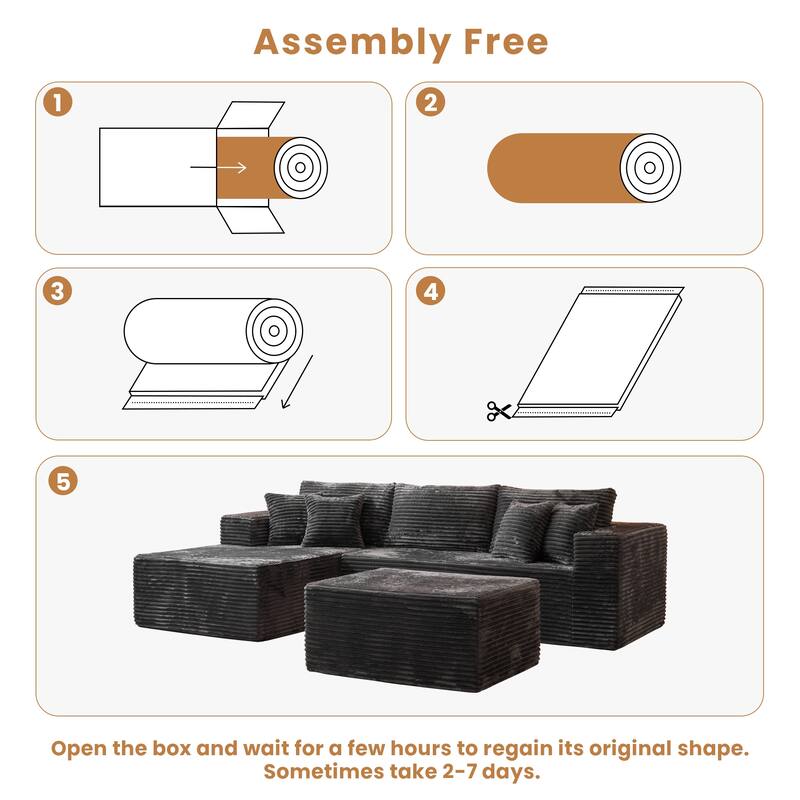 HOOOWOOO Modern Plush Corduroy L-shaped Sofa Chaise Lounge with Ottoman