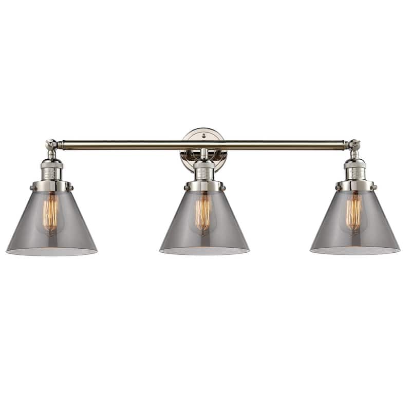 Innovations Lighting Large Cone 3 Light 32" Wide Bathroom Vanity Light - Polished Nickel / Smoked