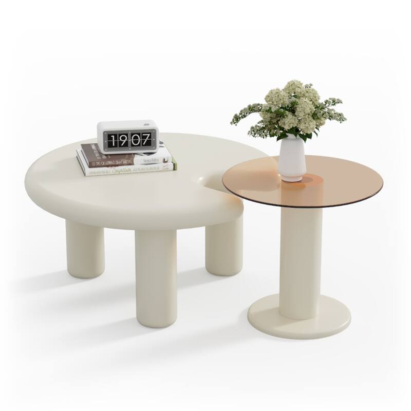 2-Piece Set Modern Nesting Coffee Table Set Round Coffee Table with 1 Coffee Table and 1 Side Table, for Living Room - Beige