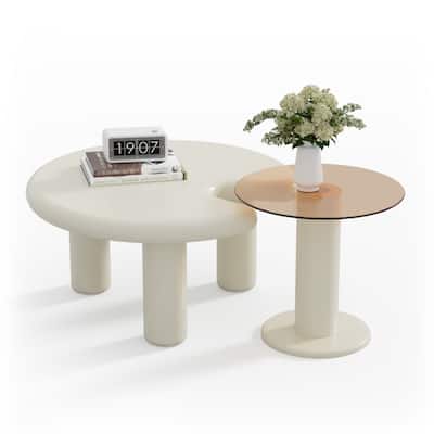 Circular Beige Cream Coffee Table Set, Easy Assembly