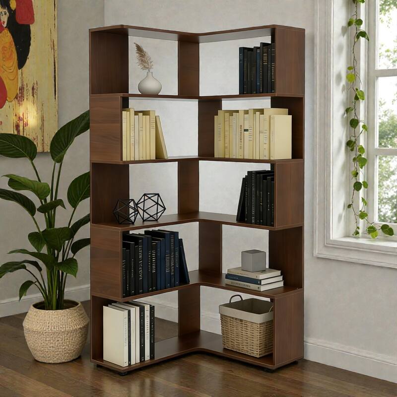 6 Tier Corner Bookshelf, 66 Inch Tall L Shaped Corner Bookcase with Baffle, Freestanding Open Shelf Unit