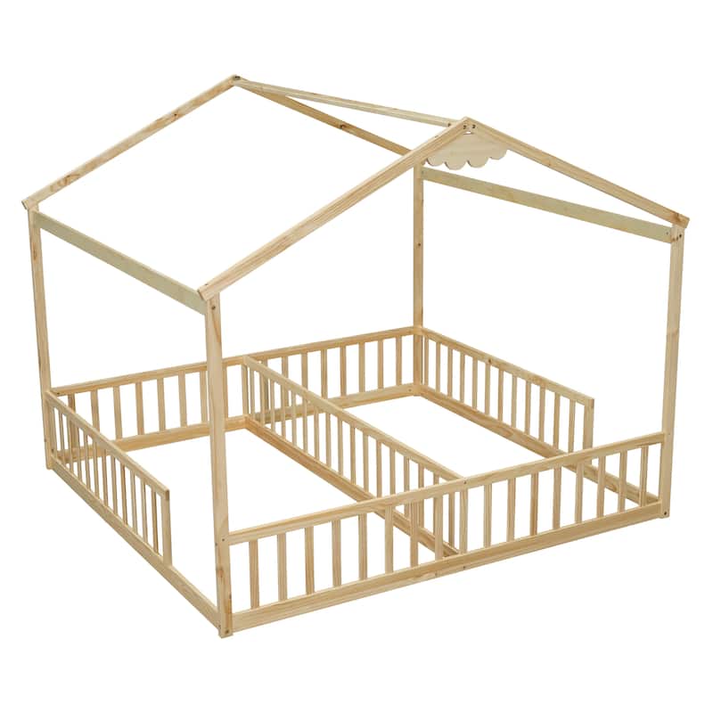 House-shape Bed Frame Double Twin Size Floor Bed with Fence Guardrails, without Door for Multi Toddler Children Kids Boys Girls