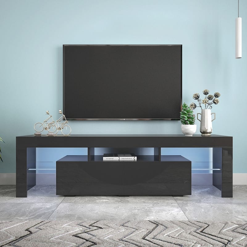 Contemporary Black TV Stand with Multi-Color LED Lighting & Remote Control‌