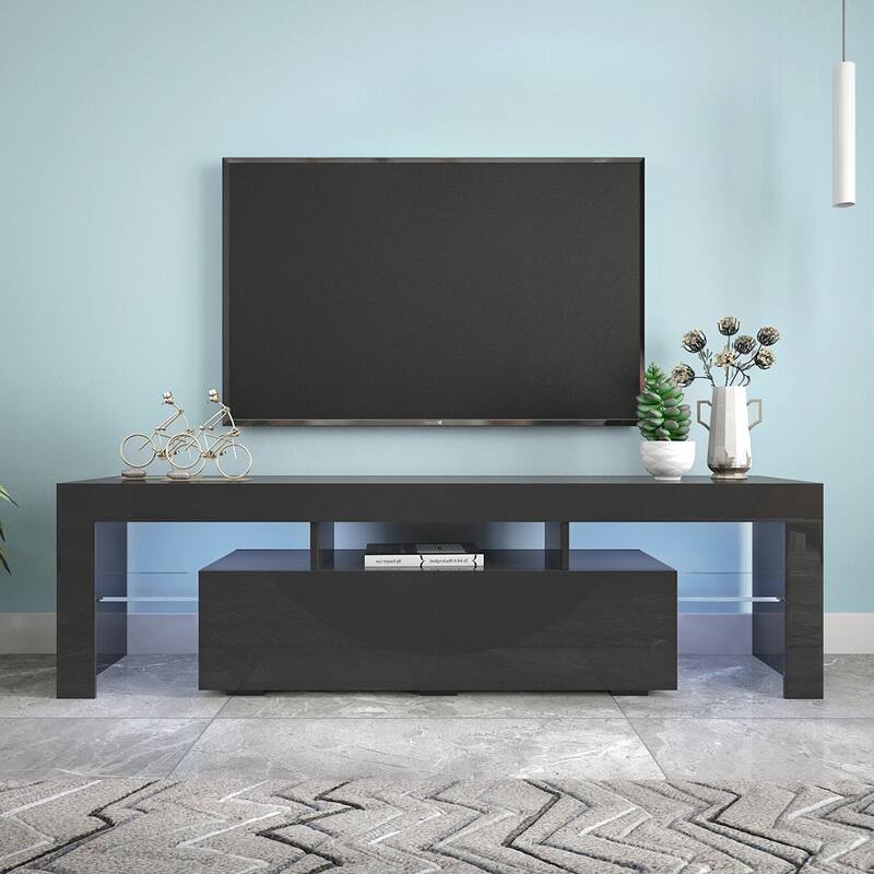 LED TV Stand with 20 Colors & Remote, High Gloss Black Finish for Living Room, 63"