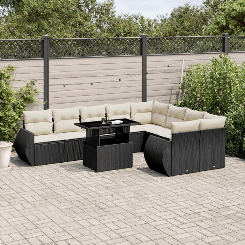 vidaXL Patio Sofa Set with Cushions Outdoor Furniture 10 Piece Poly Rattan - Black and Cream - 24.4 x 24.4 x 27.2