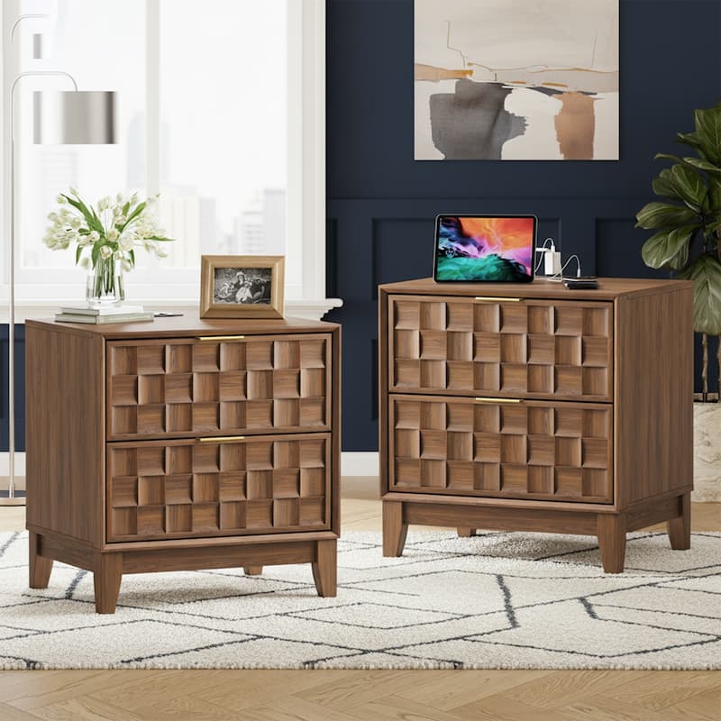 22" Modern Nightstand with Charging Station & 2 Drawers - Compact Bedroom Side Table​