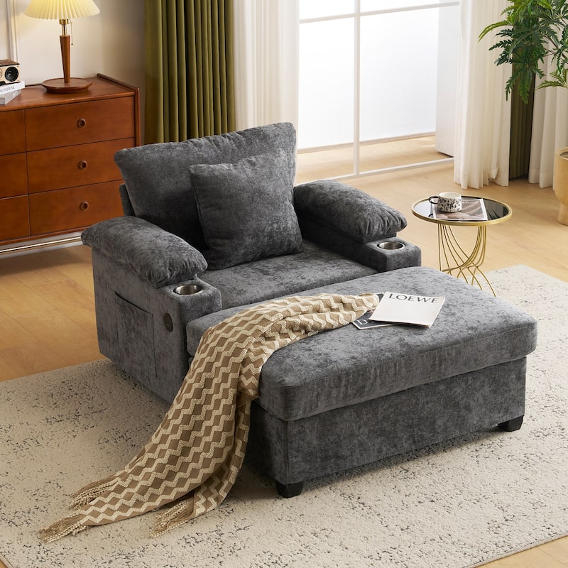 GDFStudio - Ethan Blake Oversized Chenille Chair Bed with Ottoman, Storage & USB Charging for Lounge & Apartment Living - DARK GREY