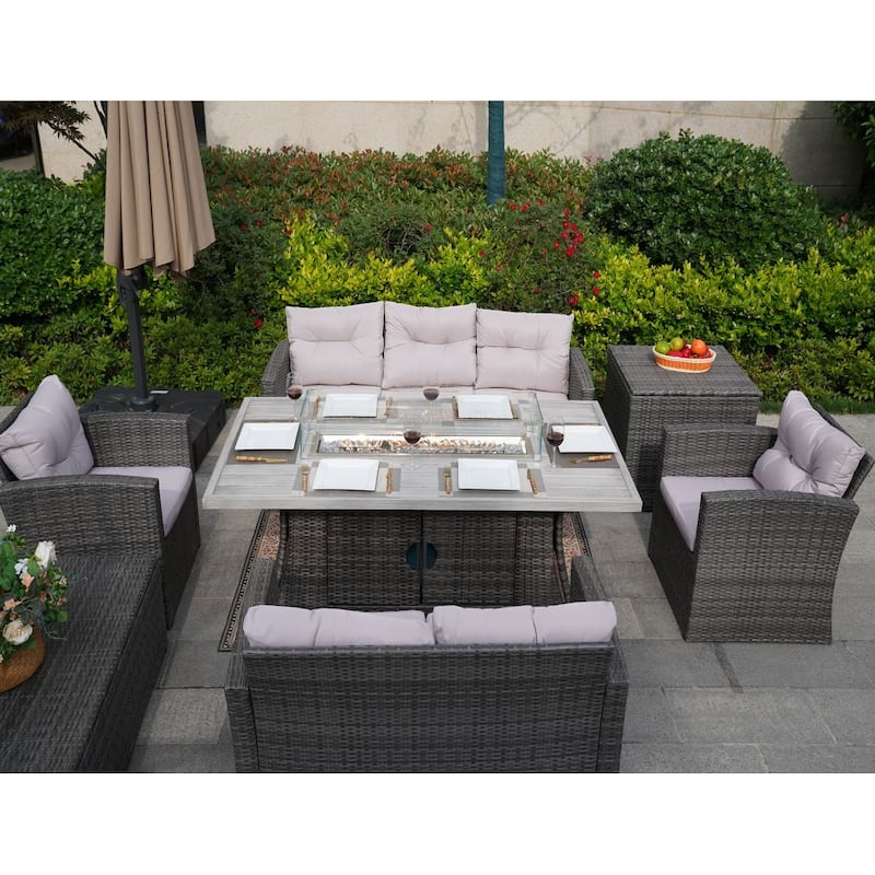Outdoor 7-Piece Wicker Patio Sofa Set with Fire Pit Table,Gray