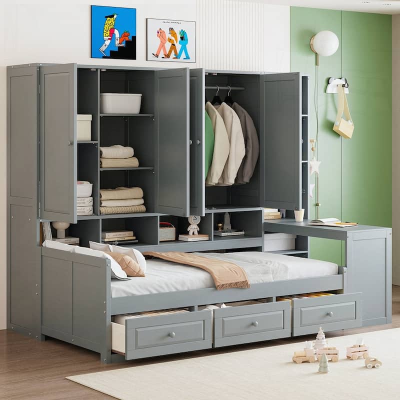 Wooden Daybed With Three Drawers and All-in-One Cabinet