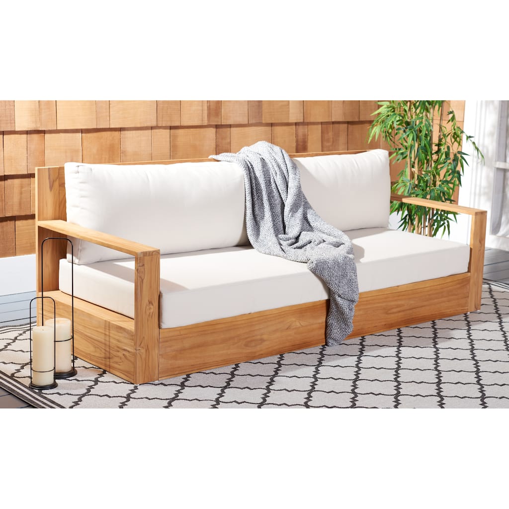 SAFAVIEH Couture Alvira Brazil Teak Patio Sofa - 84 In W x 33 In D x 24.5 In H - 80W x 28D x 30H