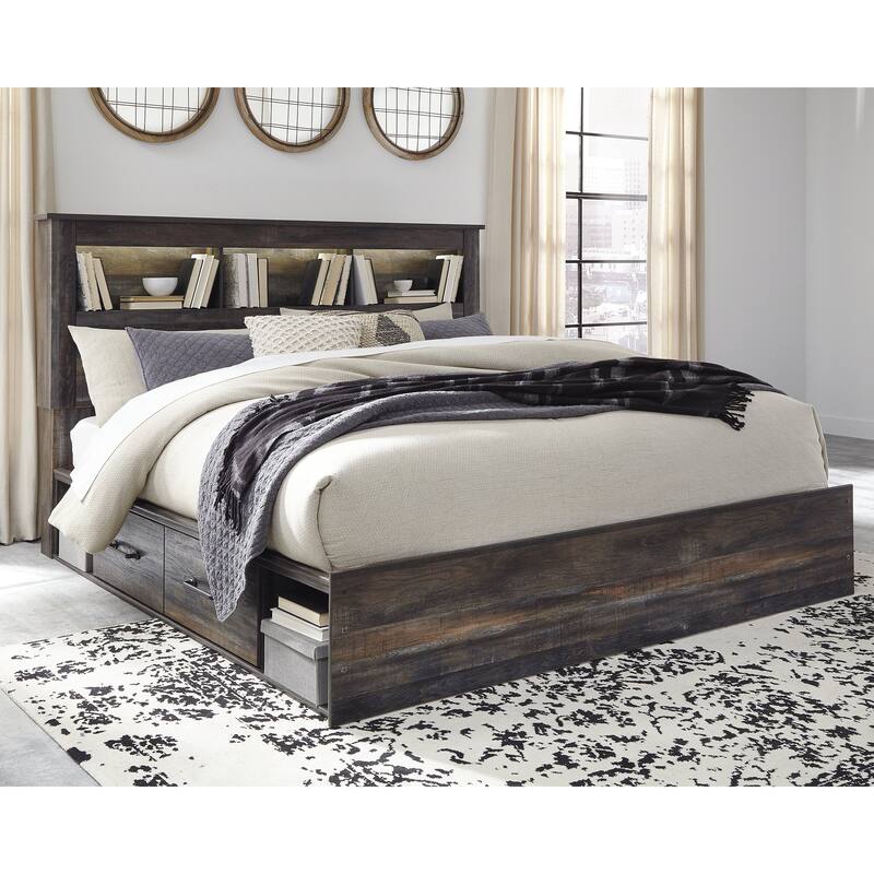 Drystan Rustic Brown Bookcase Bed with 2 Under Bed Storage Drawers